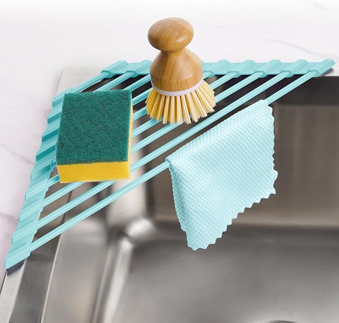 Tomorotec Compact Silicone-Coated Triangle Dish Drying Rack for Sink Corner - Foldable Stainless Steel Over-The-Sink Organizer and Storage Shelf (Mint Green)