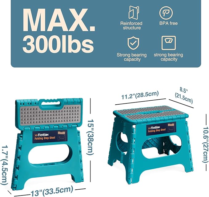 Flottian 11" Folding Step Stool for Adults and Kids Holds Up to 300 lbs,Non-Slip Folding Stools with Portable Handle, Compact Plastic Foldable Step Stool for Bathroom,Bedroom, Kitchen Ocean Blue,1PC