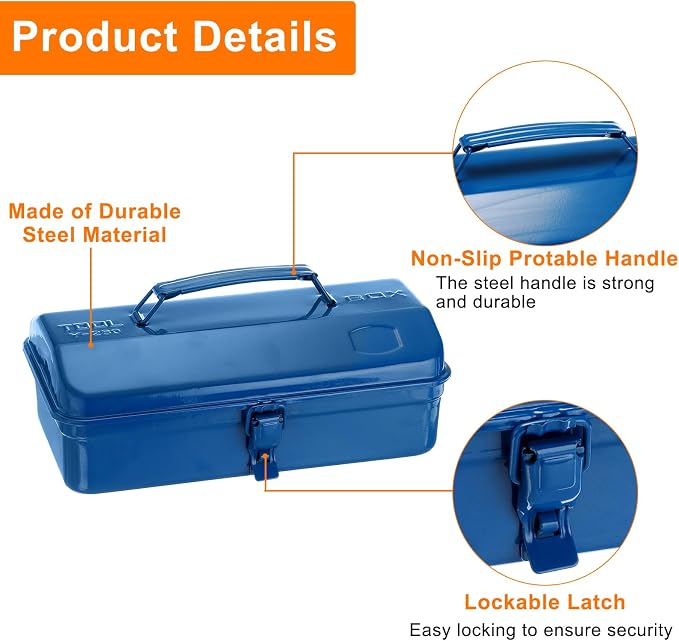 HARFINGTON Tool Box 11.4" Portable Steel Tool Box Hip Roof Style with Metal Latch Closure Tool Chest for Household Workshop Car, Blue