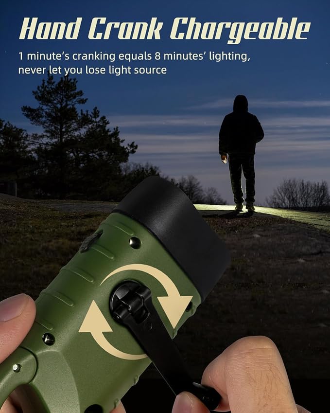 SEANCHEER Hand Crank Solar Powered Flashlights,Compact Emergency Rechargeable LED Flashlight Handheld Survival Flashlight,Quick Snap Carbiner Dynamo Flashlight for Outdoor,Sports,Hiking-2 Packs Green