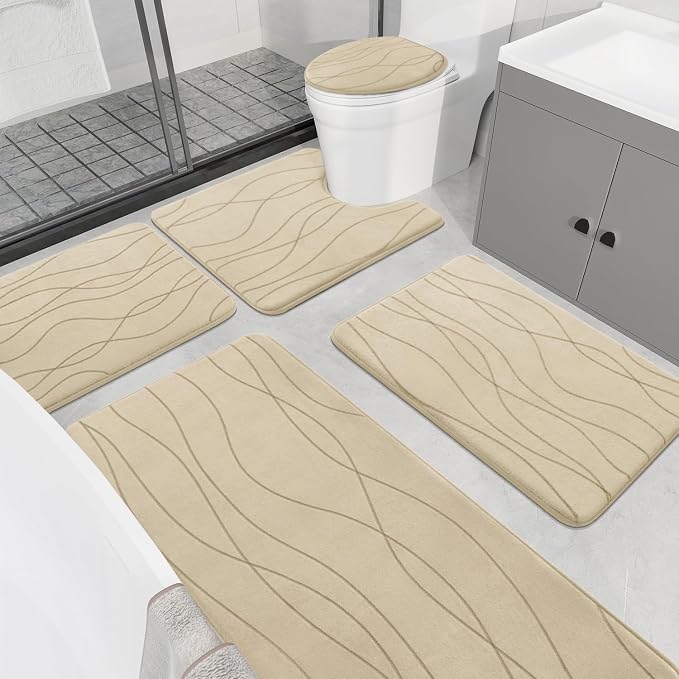 YIHOUSE Memory Foam Bathroom Rug Sets, Khaki, 5 Piece | Ultra Soft, Absorbent, Non-Slip, Machine Washable