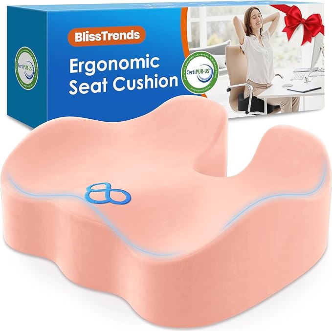 BlissTrends Seat Cushion,5.2in Thick Memory Foam Cushions for Office Chair, Car Seat, Airplane, Relieving Pressure Tailbone Sciatica Back Pain for Long Sitting Office Workers, Car Drivers Pink