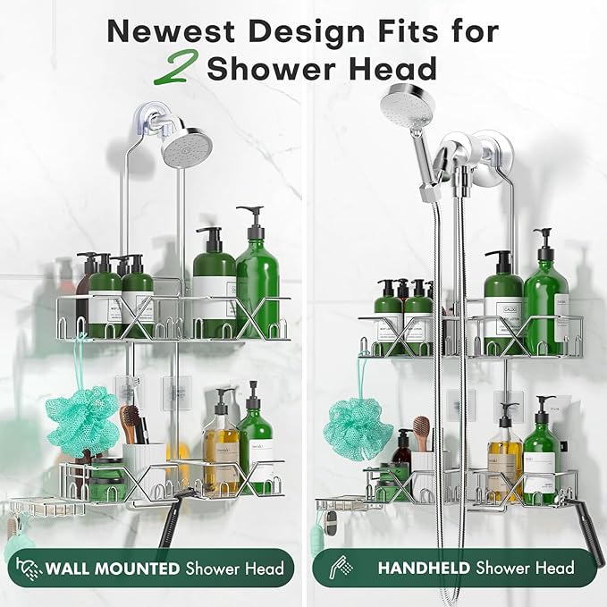 Sewulidon Stainless Steel Shower Caddy Hanging for Handheld Shower Heads,Rustproof Hose Shower Organizer Adjustable Length Shower Rack with 24 Hooks,Razor Holder,Soap Holder