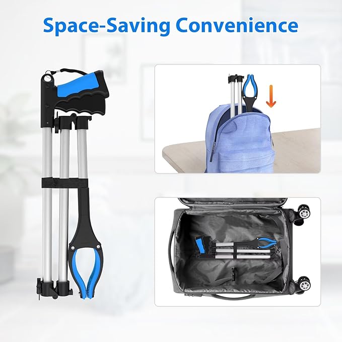 43" Grabber Reacher Tool, Foldable Reacher Grabber Pickup Tool with 360° Rotating Jaw & Two Magnets, Extra Long Trash Picker Upper Grabber, Extension Grabbers for Seniors, Blue