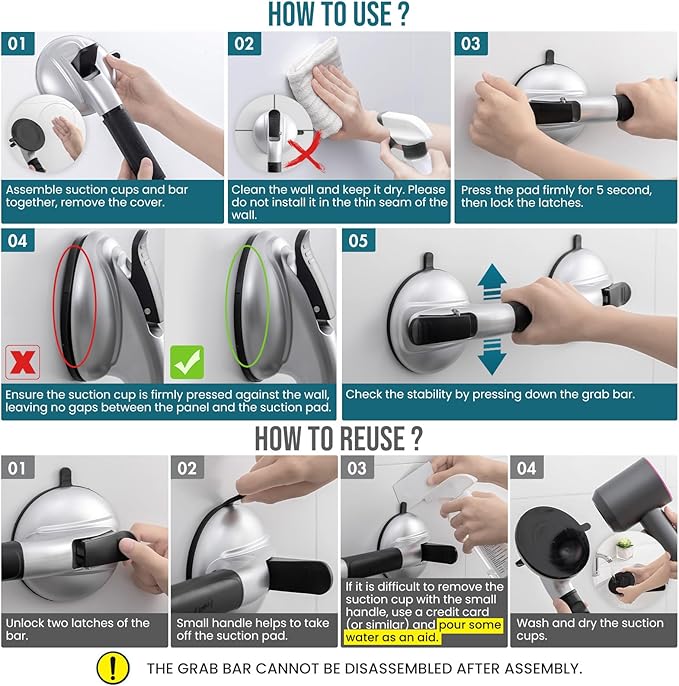 TAILI Grab Bars for Bathtubs and Showers, Shower Handles for Elderly Suction,Maximum 330lbs,Shower Grab Bar with Upgraded Rubber Suction Cups,Safety Grip for Senior, No Drilling Removable,Black