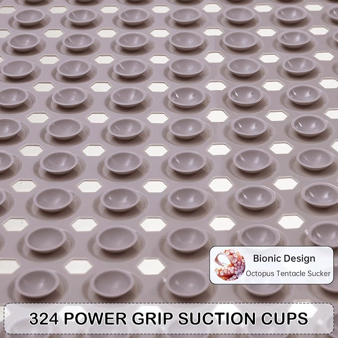 Non-Slip Bathtub and Shower Mats, Power Grip Bath Mat 35 x 16.3 Inch with Suction Cups and Drain Holes for Tub Bathroom Floor Safety, Machine Washable Soft Bathmat, Tan