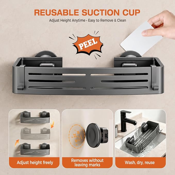 Lekesky Suction Cup Shower Caddy, No Drill Shower Shelves with a Towel Bar, Aluminum Rust Proof Bathroom Shower Organizer with 12 Hooks (2-Pack, Gunmetal Gray)