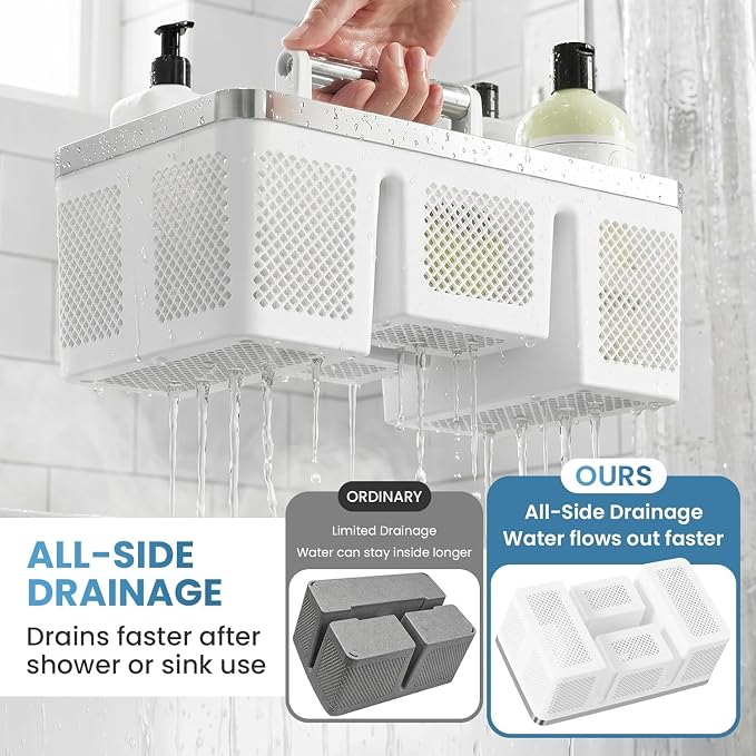 BYUNER Plastic Shower Caddy Dorm: Portable Shower Basket Tote with Handle, 4 Compartments, All-Side Drainage, Hard Bathroom & Cleaning Caddy Organizer for college Dorm Room Essentials, White/Silver