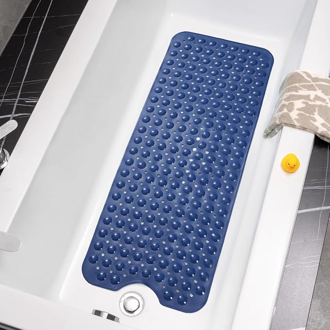 Wirhao Bathtub Mat Non Slip Shower Mat 39×16 Inches Bath Mat for Tub Machine Washable Tub Mat Large for Bathroom with Suction Cups and Drain Holes Blue