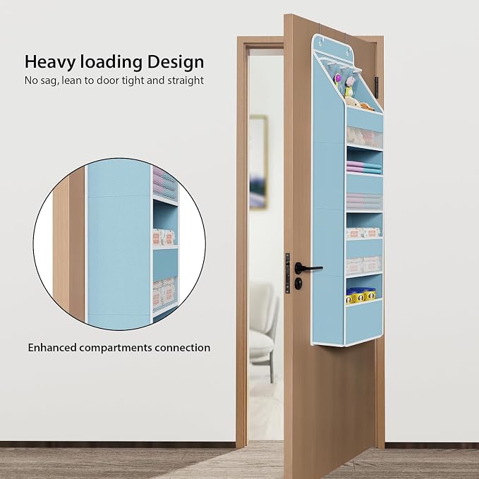 Univivi 5-Shelf Fabric Door Storage Over Door Hanging Organizer with 4 Large Pockets and 3 Small PVC Pockets Nursery Closet Cabinet Wall Mount Hanging Storage Organizers for Baby Nursery (Blue)