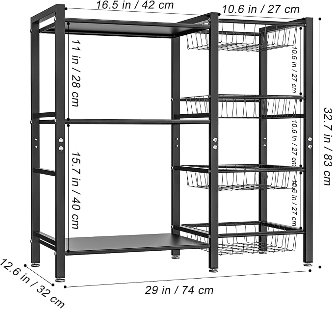 Hastatii Storage Rack Kitchen Baker's Rack - 3 Tiers 4 Baskets, Utility Coffee Bar, Air Fryer Stand with Steel Mesh Baskets