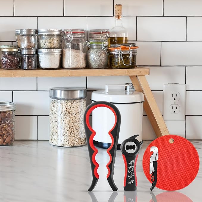 Bloss Anti-skid Jar Opener Can Opener Kitchen Grippers,4 in 1 Multi Function Bottle Opener Lid Opener for Seniors with Arthritis, Caps and Bottles Kitchen Gadgets For Small Hands or Seniors,Black Red