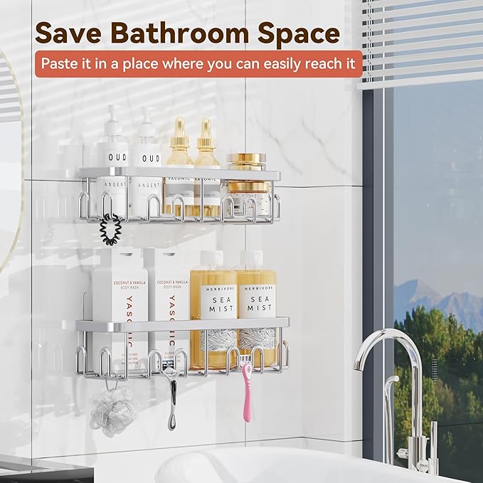 YASONIC Shower Caddy Adhesive, 100% Rustproof Shower Organizer, Large Capacity Shower Shelves for Inside Shower, No Drill Shower Storage for Home (2 Pack Silver)