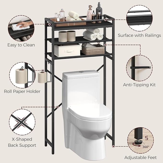 MAHANCRIS Over Toilet Storage, 3-Tier Bathroom Organizer Shelf with Toilet Paper Holder, Freestanding Space Saver Bathroom Shelves Above Toilet for Bathroom, Laundry Room, Black TSBK1201