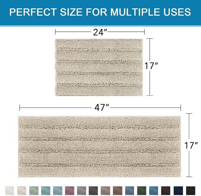 H.VERSAILTEX Bathroom Rug Sets 2 Piece Bath Mats Non Slip Thick Soft Chenille Striped Bath Rug achine Washable Shower Floor Rugs for Tub, Shower and Floor (Fog, 47" x 17"/17" x 24")