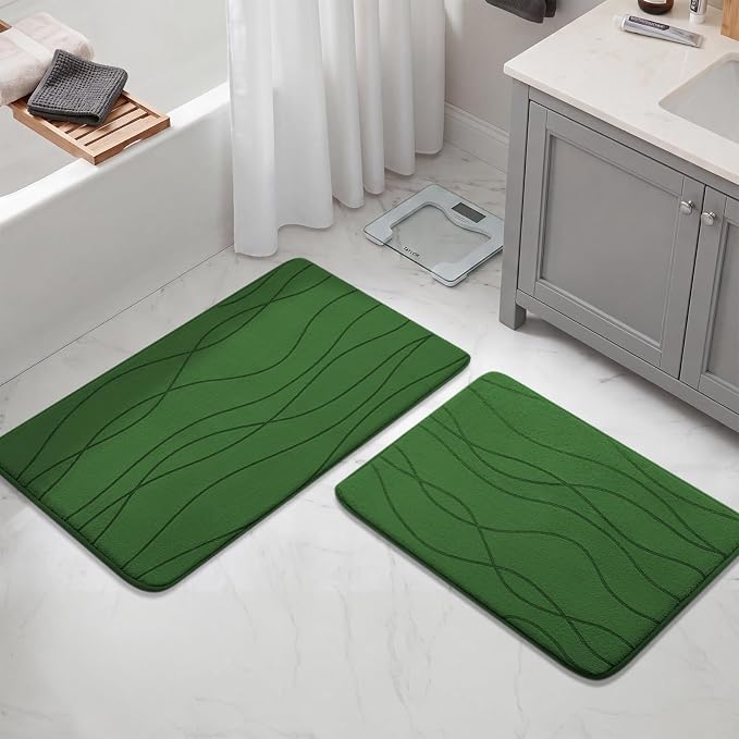 YIHOUSE Memory Foam Bathroom Rug Sets 2 Piece, Ultra Absorbent Bath Mat for Bathroom - Non-Slip Machine Washable & Dry Quickly, 2 Piece Bathroom Mat Set,Green,(17"x24"+20"x32")