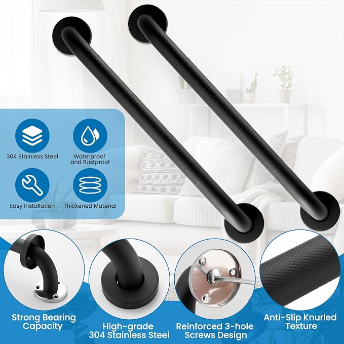 Grab Bars for Shower, Zynuhmo 2 Pack 16 Inch Anti Slip Stainless Steel Bathroom Safety Shower Grab Bar Handrails for Handicap Injury Pregnant Senior Assist Shower Handles(Matte Black, 1" Diameter)
