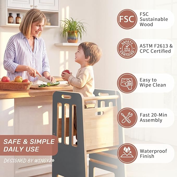 WINGYZ Toddler Tower - Anti-Tip Natural Wood Learning Stool Helper for Kids 18M-6Y, 150lb Capacity Kitchen Stool with 3-Height Adjustable Platform and Sliding Door Access, 20lb Portable Design, Black