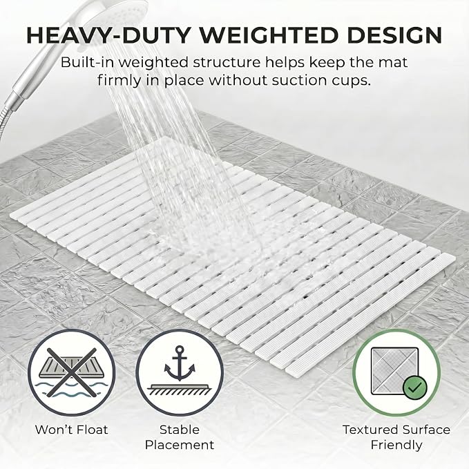AceOrbit Weighted Non Slip Bath Mat for Textured tub, Heavy Duty Anti Slip Bath Mat for Bathtub and Shower Surfaces, Without Suction Cups for Textured, Reglazed, Refinished Tub(White,32 x 17 Inch)