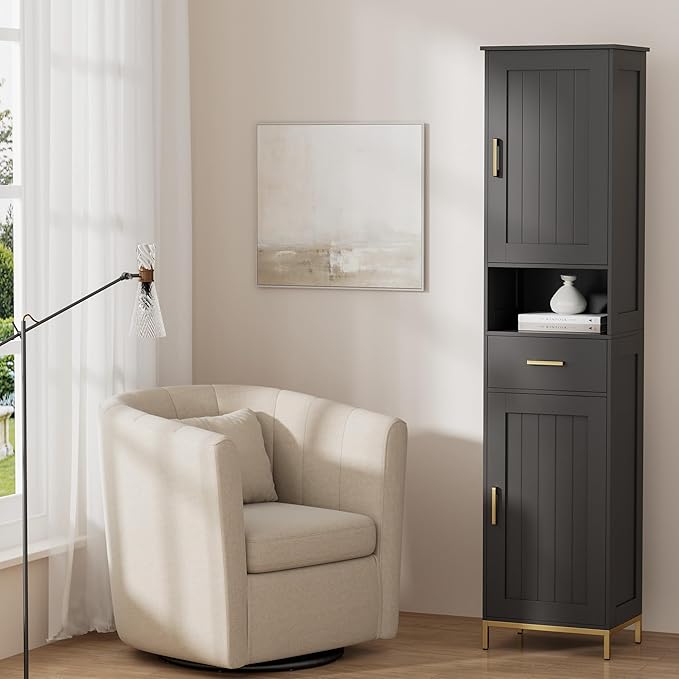 Homhedy 67" H Bathroom Storage Cabinet, Tall Storage Cabinet with Adjustable Shelves, Freestanding Cabinet with Doors and Drawer, Narrow Cabinet for Bathroom, Living Room, Kitchen, Dining Room, Black