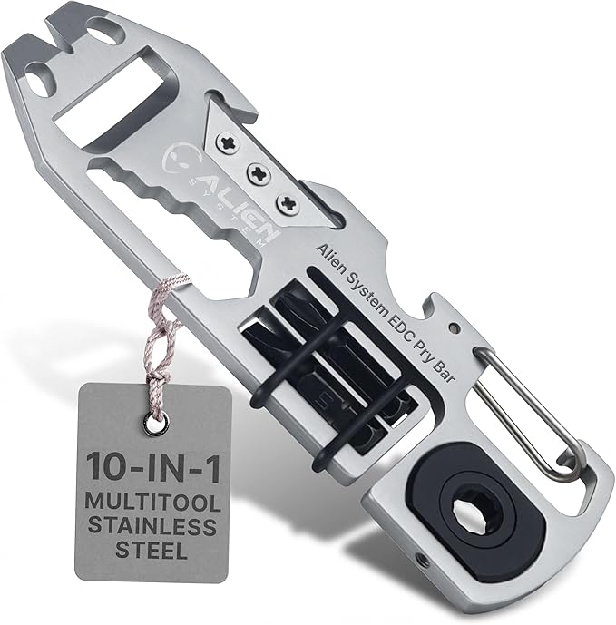 EDC Pry Bar Multitool – 10-in-1 EDC Pry Tool – Pocket Pry Bar, Bottle Opener, Ratchet Wrench, Screwdriver Set, Box Opener, Seatbelt Cutter, Hex Wrench (2.9oz) - Carabiner Multitool