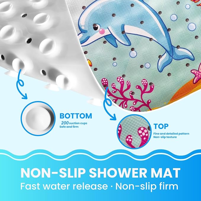Baby Bath Tub Mat, 40 x 16 Inch Extra Large Non Slip Kids Cartoon Bathtub Shower Mats with Suction Cups & Drain Holes, Machine Washable for Bathroom, Undersea Whale & Dolphin