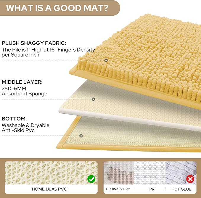 HOMEIDEAS 3 Pieces Bathroom Rugs, Ultra Soft Non Slip Absorbent Chenille Toilet Bath Mat Set (Yellow)