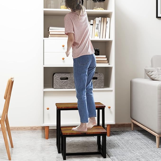 Step Stool for Adults, Hold up to 500Lb, 3 in1 Heavy Duty Sturdy Wooden 2 Step Stool for Kichen/Bathroom/High beds, Metal Frame, Non-Slip Pads