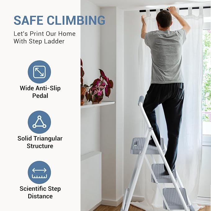 DUMOS Step Ladder, 3 Sturdy Step Stool with Anti-Slip Pedal & Comfortable Handrail, Portable Heavy Duty Step Stool for Kitchen, Garage & Outdoor Use, 800lbs, Grey
