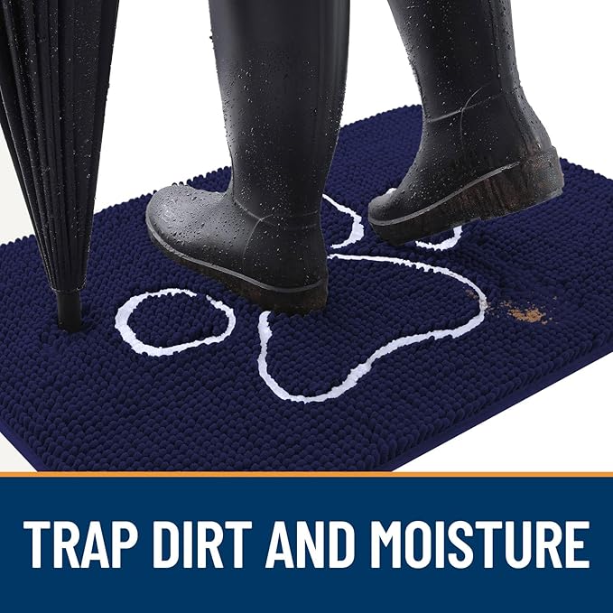 OLANLY Dog Door Mat for Muddy Paws 54x24, Paw Print Design, Absorbs Moisture and Dirt, Absorbent Non-Slip Washable Doormat, Quick Dry Chenille Mud Mat for Dogs, Entry Indoor Entryway Carpet, Navy Blue