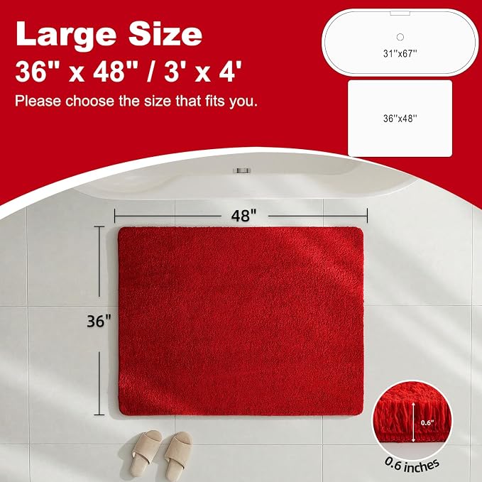 TYUU Large Bathroom Rugs, Ultra Soft Super Absorbent Bath Rugs Non Slip Washable Quick Dry Bath Mat with Rubber Backing for Bathroom Floor, Shower, or Sink, Red 3' x 4'