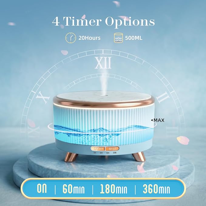 500ML Large Capacity Essential Oil Diffuser, Ultrasonic Aromatherapy Diffuser with 7 Color LED Lights with Remote Control, Cool Mist Humidifier, Timed Mist, Auto Shut-Off (Blue)