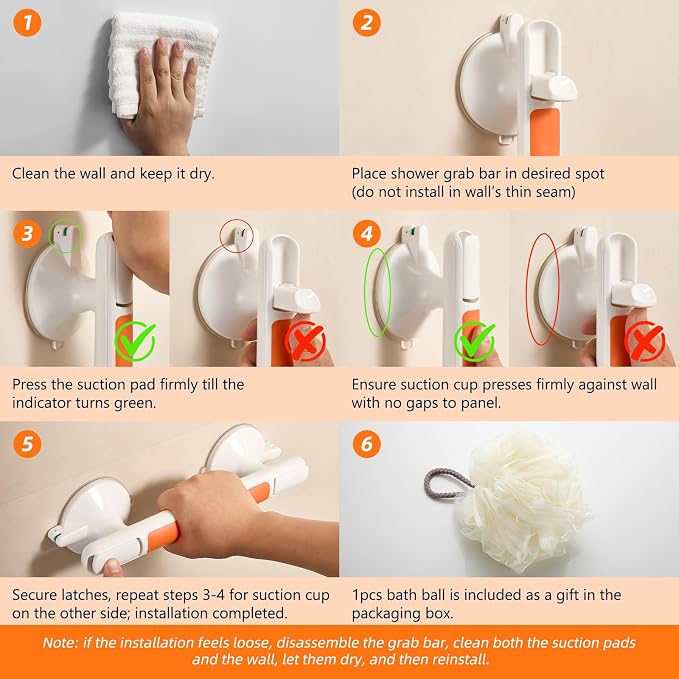 Grab Bar for Bathtubs and Showers, Zynuhmo 12'' Suction Safety Grab Bar with 1PCS Bath Ball Suction Cup Shower Handles No Drilling Handrails for Seniors Elderly Kids Bathroom Assist Support(Orange)