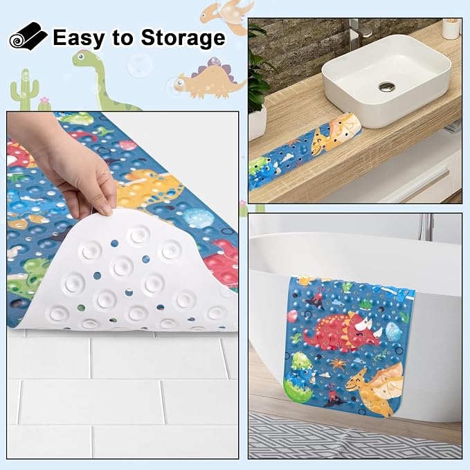 Topotdor Baby Bath Mat, Cartoon Bath Mat for Tub Non Slip Kids, 40x16 Inch Extra Long Toddler Bathtub Mat with Drain Holes & Suction Cups, Machine Washable Anti-Slip Shower Mat, Dinosaur