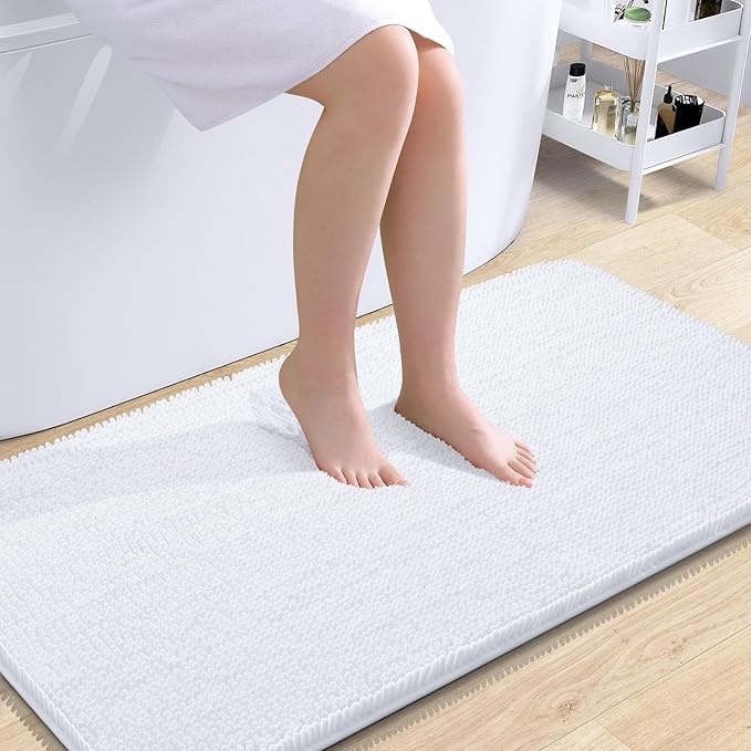 OLANLY Bathroom Runner Rugs 44x24, Extra Soft Absorbent Chenille Bath Rugs, Rubber Backing Quick Dry, Machine Washable Long Bath Mats for Bathroom Floor, Tub and Shower, Home Decor Accessories, White