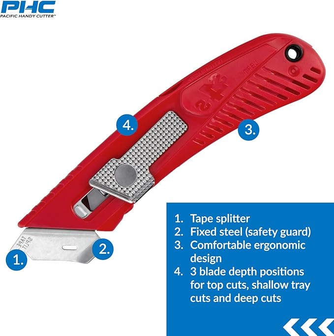 Pacific Handy Cutter S4L Safety Cutter, Retractable Utility Knife with an Ergonomical Design, Bladeless Tape Splitter, Steel Guard for Safety and Damage Protection, Warehouse and In-Store Cutting