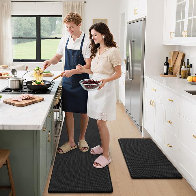 StepLively Kitchen Mat, 2 PCS Kitchen Rugs, Cushioned Kitchen Mats for Floor, Anti Fatigue Kitchen Rug Set, Non-Skid Standing Mat for Kitchen, Office, Sink, 17.3"×30"+17.3"×70", Black