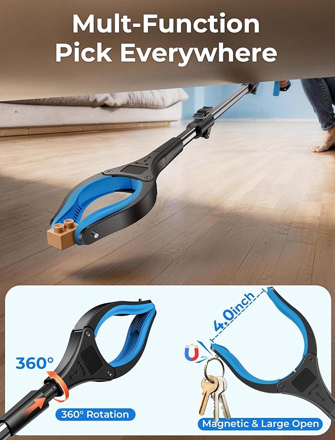 32" Grabber Reacher Tools, 2 Pack Upgraded Strong Foldable Reacher Grabber Heavy Duty Pickup Tool, 4" Wide Claw Opening & 360° Rotating Jaw & Magnet Lightweight Grabber Tool for Senior Patient