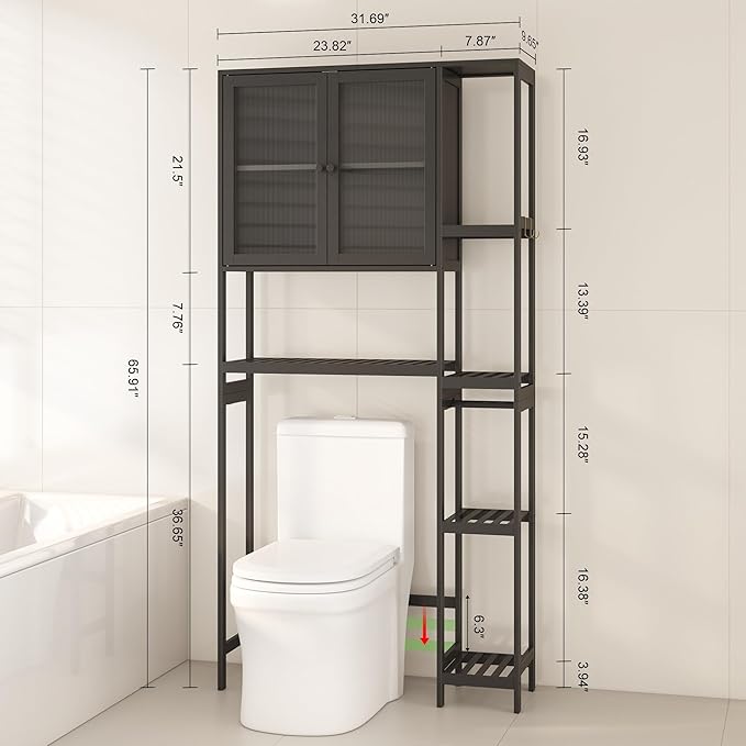 Over the Toilet Storage Cabinet Above Toilet Bathroom Organizer with Toilet Paper Holder Stand Bath Organizer with Adjustable Shelves & Acrylic Doors,Anti-Tip Device (Black)