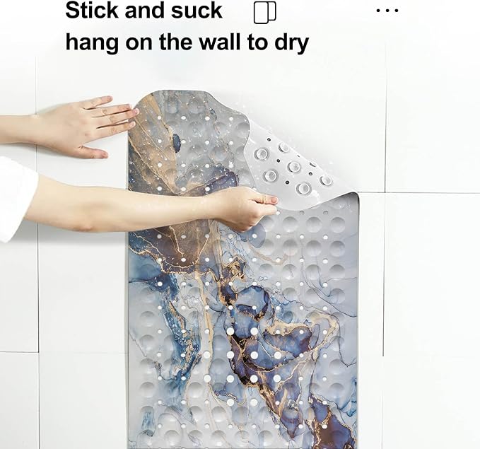 LNOND Marble Bath Tub Mat Non Slip, Extra Long 40 X 16 Inch Anti Slip Mat for Bathtub, White Blue Gold Marble Shower Mat with Drain Holes and Suction Cups, Machine Washable