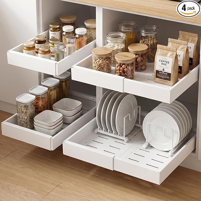DOMNIU 4 Pack Pull Out Cabinet Organizers Expandable Width (12.4''-20.27''), Upgrade 3 Slide Rails Sliding Drawer for Kitchen Cabinet Organizer with Adhesive Nano Film, White