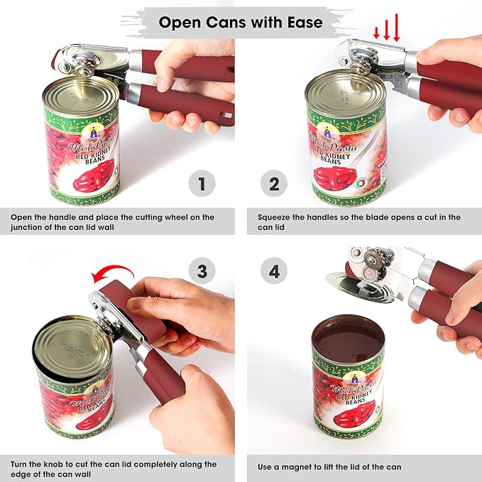 Beneno Heavy Duty Hand Can Opener Manual with Magnet, Durable Sharp Carbon Steel Blade Smooth Cutting, Big Effort-Saving Knob & Soft Grip Handle, Multifunctional Kitchen Tool with Bottle Opener, Red