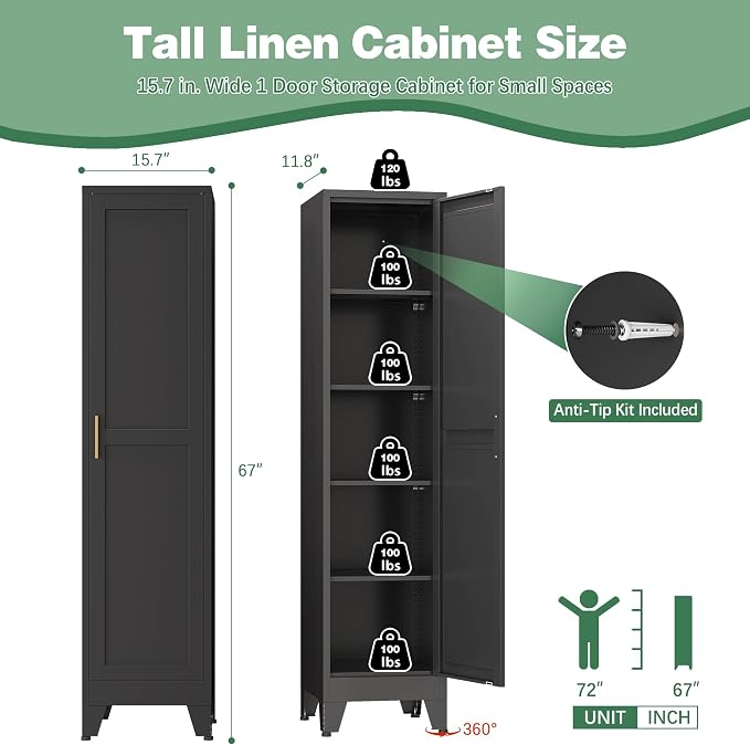 Bevivog Tall Narrow Storage Cabinet, 67" Single Door Metal Storage Locker Cabinet, Freestanding Tall Kitchen Pantry Cabinets for Small Space