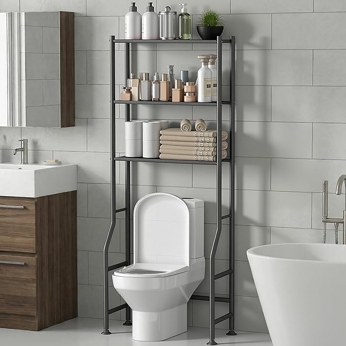 Livilord 3-Tier Over The Toilet Storage Rack, Space Saver Metal Bathroom Shelves, Freestanding Over Toilet Bathroom Organizer for Bathroom/Living Room (Black)
