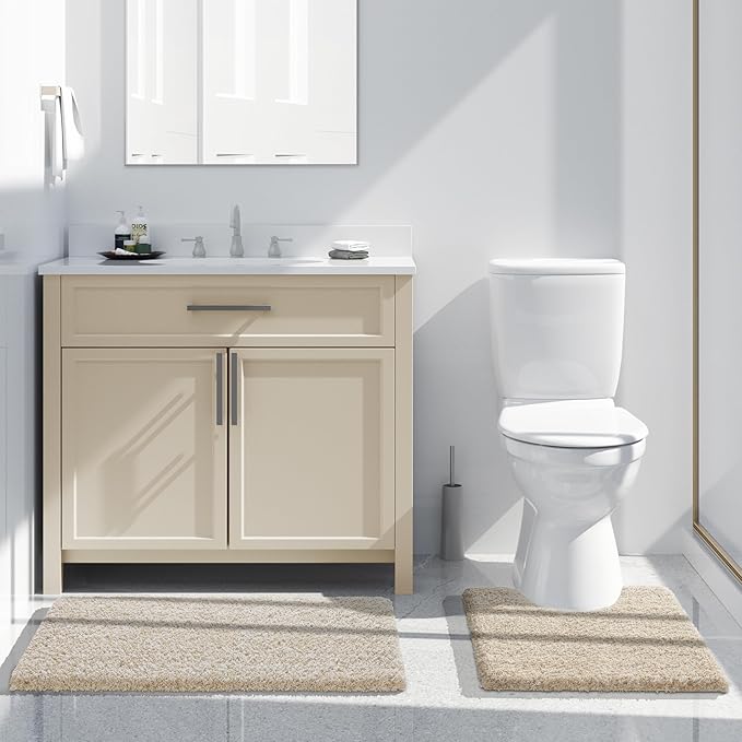 Yimobra Toilet Rugs U Shaped 24X20, Ultra Soft and Water Absorbent Bath Mats, Non Slip Fluffy Luxury Microfiber Contour Bath Rugs for Toilet, Dry Quick, Machine Washable, Light Beige and White