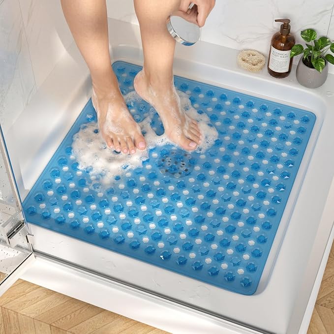 HITSLAM Shower Mat Anti Slip, Square Bath Mat for Tub Non Slip with Suction Cups and Drain Holes, 21x21 Inch Bathroom Shower Stall Floor Mat, Machine Washable, Soft on Feet, Blue