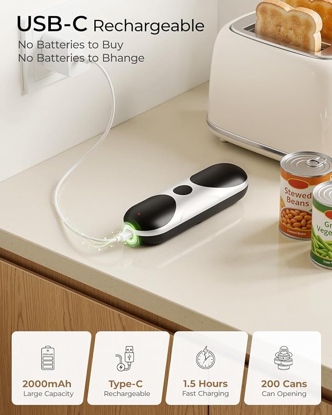 Electric Can Opener, One-Touch Automatic Can Opener, USB Rechargeable Electric Can Opener for Seniors with Arthritis, Side Cut, Smooth Edge, Handsfree, for Any Size Cans (Black/White)
