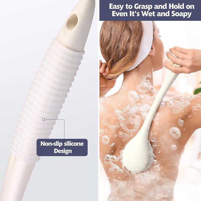 BEDELITE Back Scrubber for Shower, Soft Bath Brush Long Handle for Men & Women(16.4 Inches), Anti Slip Body Scrubber Exfoliator for Cleaning(Ivory)
