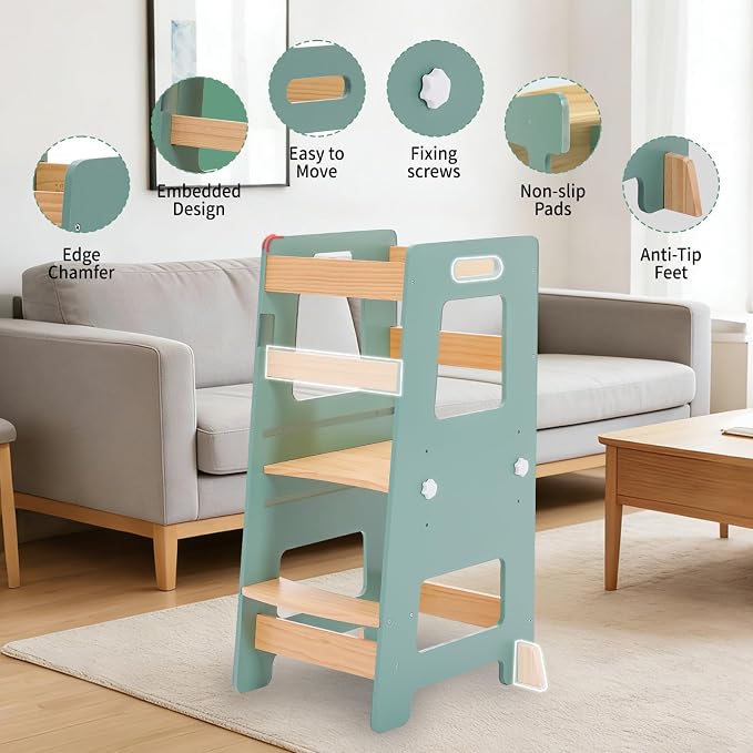WOOD CITY Kitchen Step Stool - Safe Montessori Standing Tower for Kids with Safety Rail, Height Adjustable Toddler Ideal Helper for Learning New Skills, Anti-Slip Protection for Bathroom - Green…