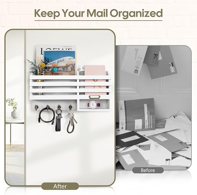 FifthQuarter Key Holder for Wall: Easy Mounted Key Rack and Mail Organizer with Store Shelf and Four Sturdy Keys Hooks Decor in Kitchen|Farmhouse|Entryway|Mudroom (White)